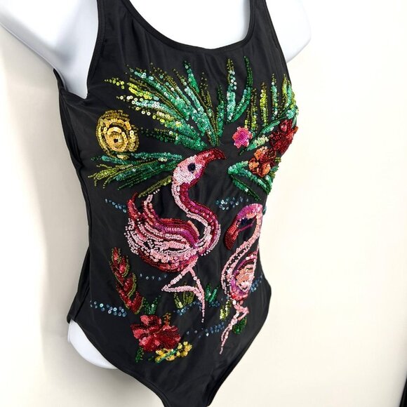 Y2K Michael Simon Black One Piece Swimsuit with Sequin Flamingos Glitter Bling S - Picture 2 of 7